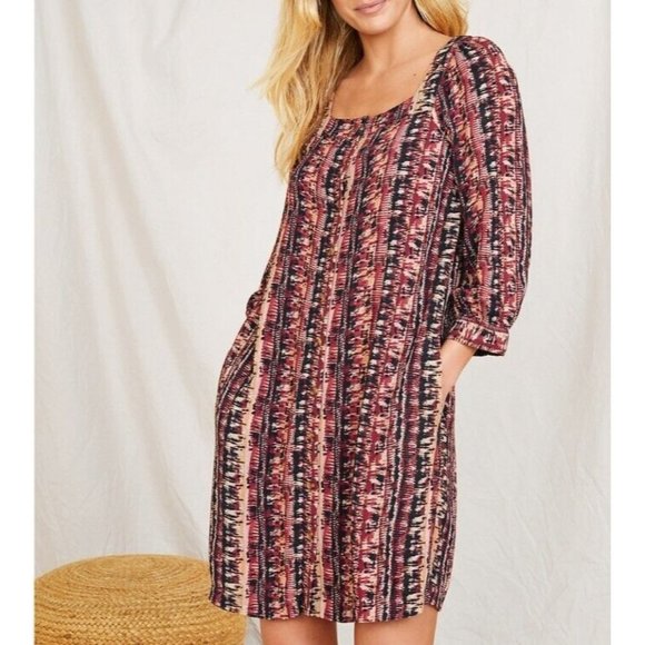 Garnet Hill Dresses & Skirts - Garnet Hill Jardin Crepe Dress Size L Firesmoke Stripe A-line 3/4 Sleeve Pockets